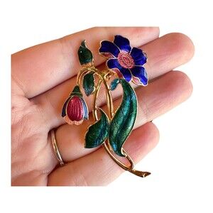 Vintage Floral Flower Brooch Pin Cloisonne Enamel Gold Tone Metal